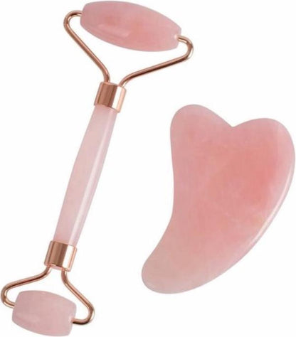 Rosenquarz-Gesichtsmassage-Set, Roller und Gua Sha, Hautpflege, Entspannung, rosa.