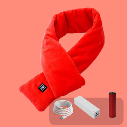 Roter beheizbarer Schal mit USB-Kabel und Powerbank, ideal für kalte Wintertage.