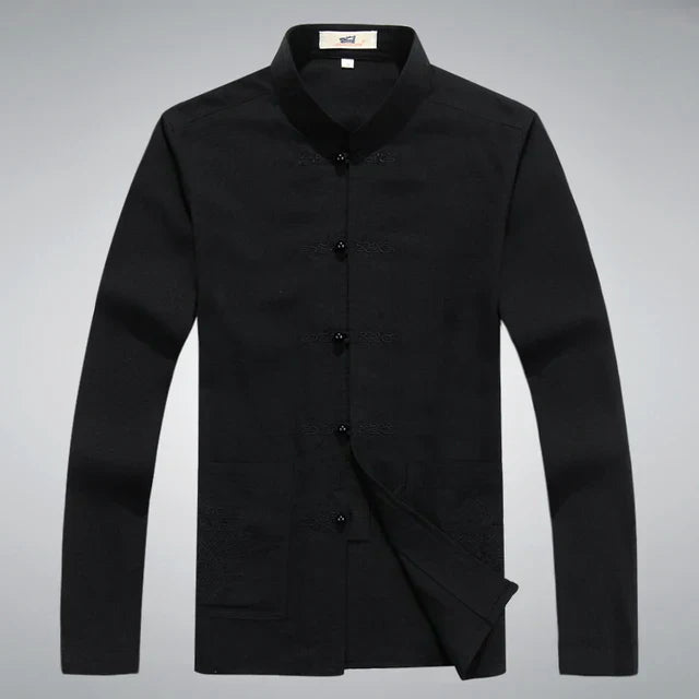 Schwarzes traditionelles chinesisches Tang-Anzughemd für Herren, langärmelig, elegant.