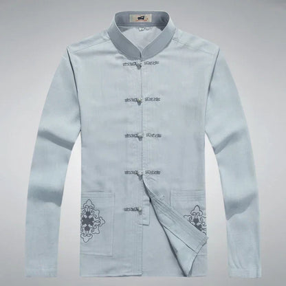 Traditionelle chinesische Tang-Jacke für Herren, hellblau, Baumwolle, bestickte Details.