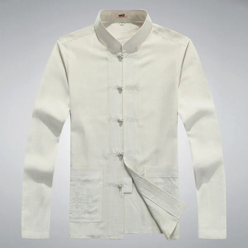 Traditionelle chinesische Tang-Anzugjacke für Herren, weiß, Baumwolle, Stehkragen, Knopfleiste.