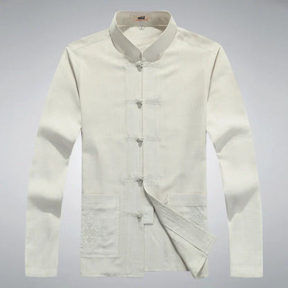 Traditionelle chinesische Tang-Anzugjacke für Herren, weiß, Baumwolle, Stehkragen, Knopfleiste.