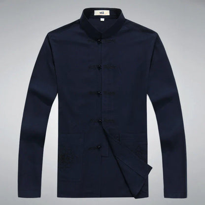 Traditionelle chinesische Tang-Anzugjacke für Herren, dunkelblau, Baumwolle, Knopfleiste.