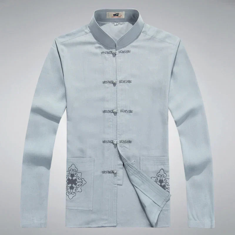 Chinesische traditionelle Tang-Jacke für Herren, hellblau, Baumwolle, bestickt.