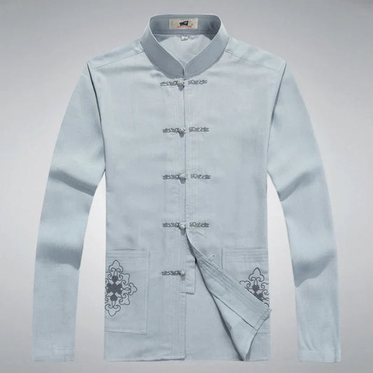 Chinesische traditionelle Tang-Jacke für Herren, hellblau, Baumwolle, bestickt.