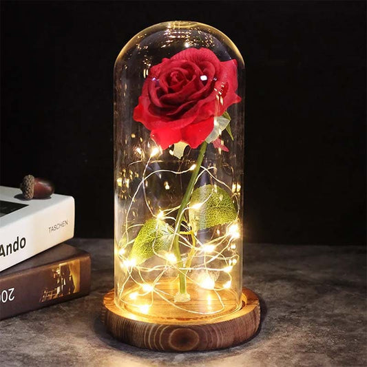 Rote ewige Rose in Glaskuppel mit Lichterkette auf Holzsockel, romantische Dekoration.