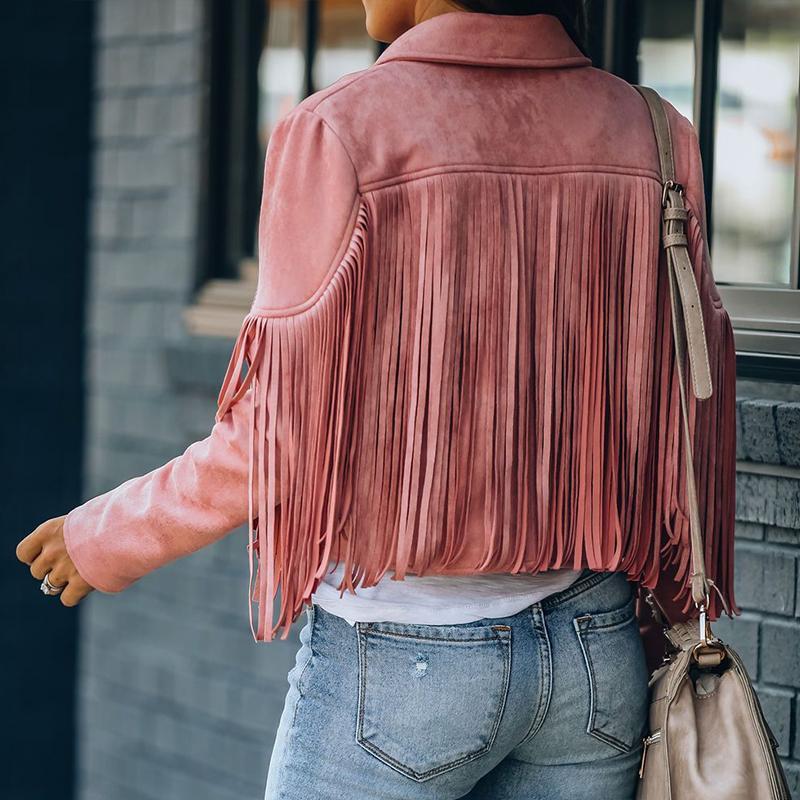 Damen Wildlederjacke rosa mit Fransen, modisch, lässig, Streetwear, Rückansicht.