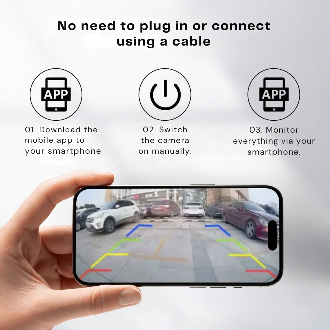 Hand håller en mobil med bakåtbild av en parkering med färgade hjälplinjer, och tre ikonsteg för att ansluta utan kabel. 3