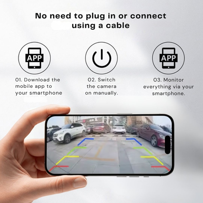 Hand håller en mobil med bakåtbild av en parkering med färgade hjälplinjer, och tre ikonsteg för att ansluta utan kabel. 3