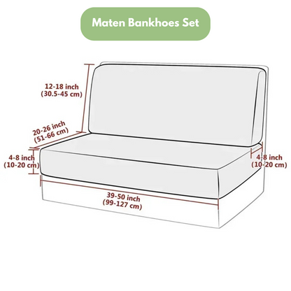 Diagramm eines Sofas mit Maßangaben in Zoll und Zentimetern, graue Linien, weißer Hintergrund.