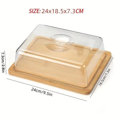Rechteckige Bambus-Käseglocke mit transparentem Deckel, 24x18,5x7,3 cm, ideal für Küche.