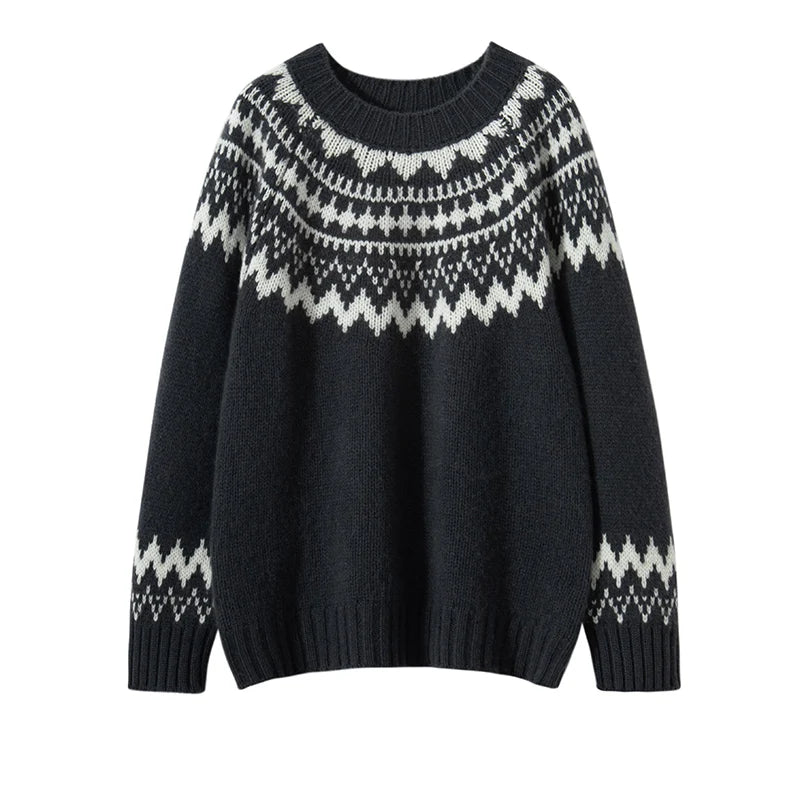 Dunkelgrauer Strickpullover mit weißem Norwegermuster, Wintermode, Unisex, warm und stilvoll.