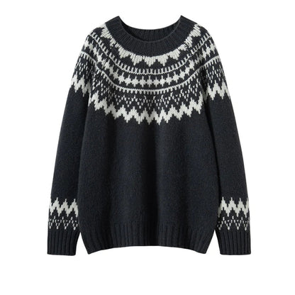Dunkelgrauer Strickpullover mit weißem Norwegermuster, Wintermode, Unisex, warm und stilvoll.