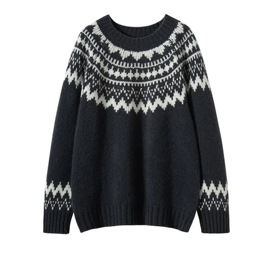 Dunkelgrauer Strickpullover mit weißem Norwegermuster, Wintermode, Unisex, warm und stilvoll.