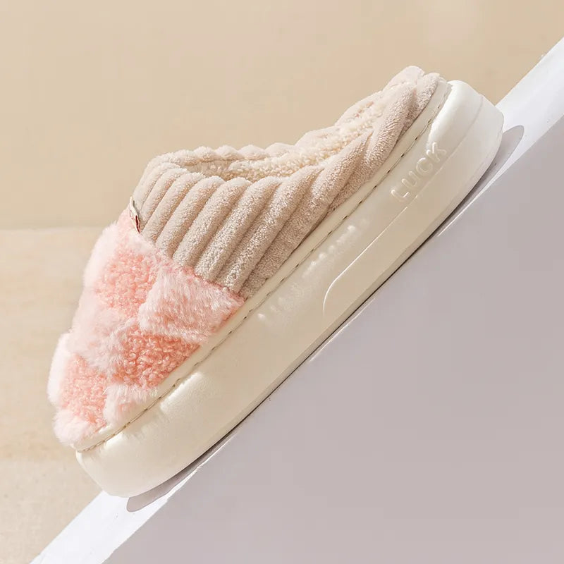 Beige-rosa Plüschhausschuhe, rutschfeste Sohle, Damen, bequem, warm, modisch.