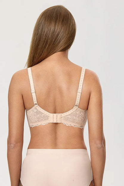 Damen-BH in Beige, Spitze, verstellbare Träger, Rückansicht, nahtloser Komfort.