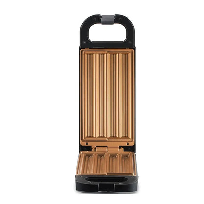 Schwarzer und goldener Sandwichmaker, antihaftbeschichtet, geöffnet, für knusprige Sandwiches.