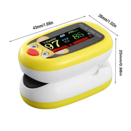 Gelbes Finger-Pulsoximeter mit digitalem Display zur Messung von Sauerstoffsättigung und Pulsfrequenz.