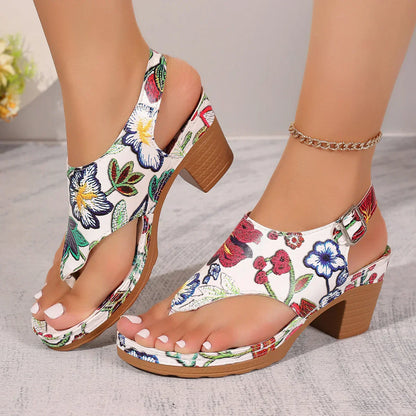 Färgglada dam sandaler med blommönster och klack – Yasmina
