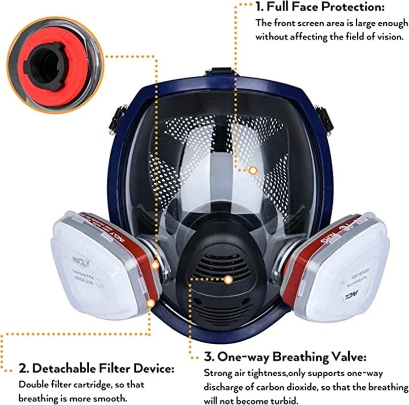 Helmask med anti-imma-lins och industriella gasfilter