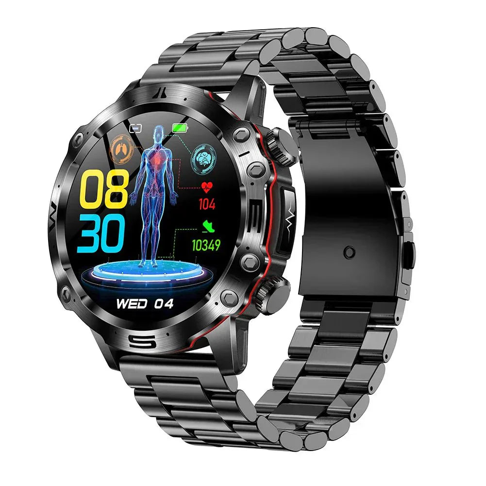 Schwarze Smartwatch mit Metallarmband, Fitness-Tracker, Herzfrequenzanzeige, digitaler Bildschirm.