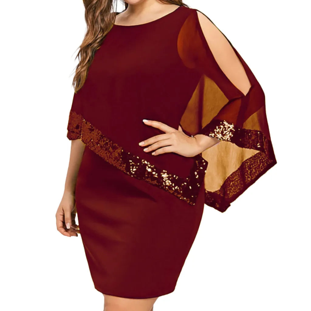 Damenkleid bordeaux, Pailletten, Cape-Ärmel, elegant, Abendmode, Plus-Size.