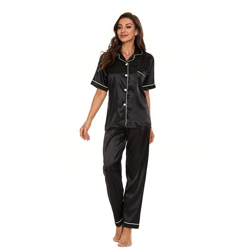 Damen Pyjama Set, schwarz, Satin, kurzärmelig, Knopfleiste, Nachtwäsche, bequem, elegant