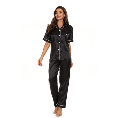 Damen Pyjama Set, schwarz, Satin, kurzärmelig, Knopfleiste, Nachtwäsche, bequem, elegant