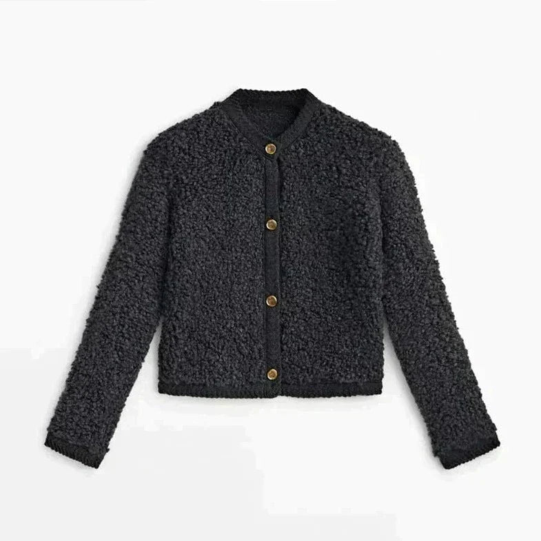 Schwarze Damen-Strickjacke mit Knöpfen, flauschig, modisch, warm, Herbst-Winter-Bekleidung.