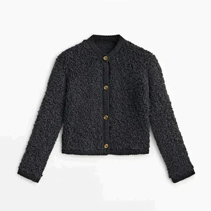 Schwarze Damen-Strickjacke mit Knöpfen, flauschig, modisch, warm, Herbst-Winter-Bekleidung.