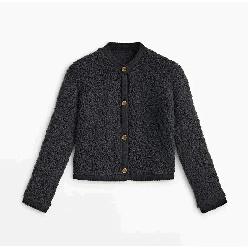 Schwarze Damen-Strickjacke aus Fleece mit Knöpfen, warm und modisch, ideal für Herbst/Winter.