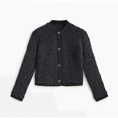 Schwarze Damen-Strickjacke aus Fleece mit Knöpfen, warm und modisch, ideal für Herbst/Winter.