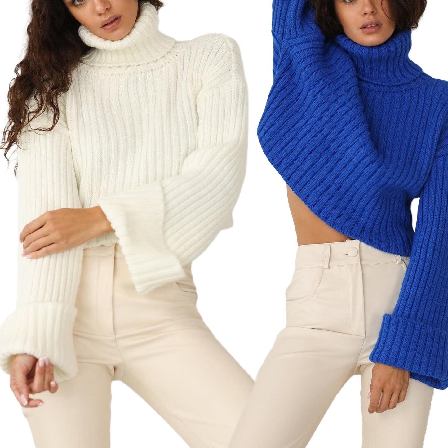 Zwei Frauen in weißen und blauen Rollkragenpullovern aus Strick, modisch, elegant, Herbstmode.
