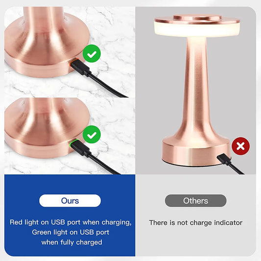 Kupferfarbene LED-Tischlampe mit USB-Anschluss und Ladeanzeige, modernes Design.