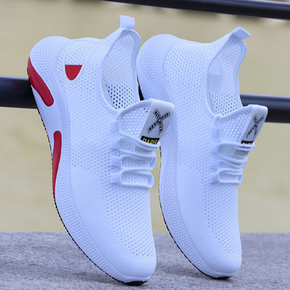 Weiße Sportschuhe, atmungsaktiv, Mesh-Material, rote Akzente, rutschfeste Sohle, Herren Sneaker.