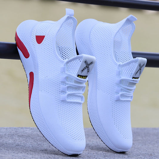 Weiße Sportschuhe, atmungsaktiv, Mesh-Material, rote Akzente, rutschfeste Sohle, Herren Sneaker.