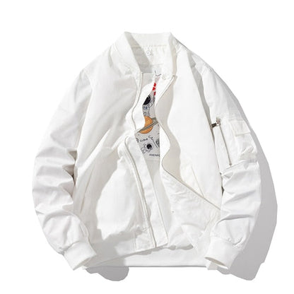 Weiße Bomberjacke Herren, Reißverschluss, Baumwolle, lässig, modisch, Streetwear, Frühling.
