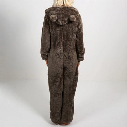 Damen Einteiler Pyjama, braun, Plüsch, Kapuze mit Ohren, gemütlich, warm, Winterbekleidung.