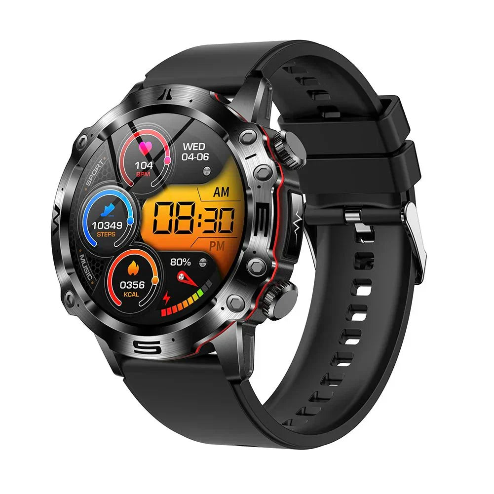Schwarze Smartwatch mit rundem Display, Fitness-Tracking, Edelstahlgehäuse, digitaler Anzeige.