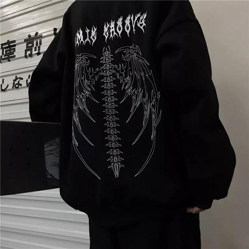 Schwarze Jacke mit Drachen- und Wirbelsäulen-Design, Streetwear, Unisex, modisch.