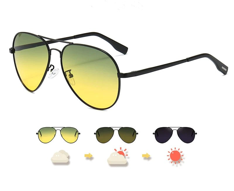 Sonnenbrille mit gelben Gläsern, photochromatisch, UV-Schutz, schwarzer Rahmen, Unisex.