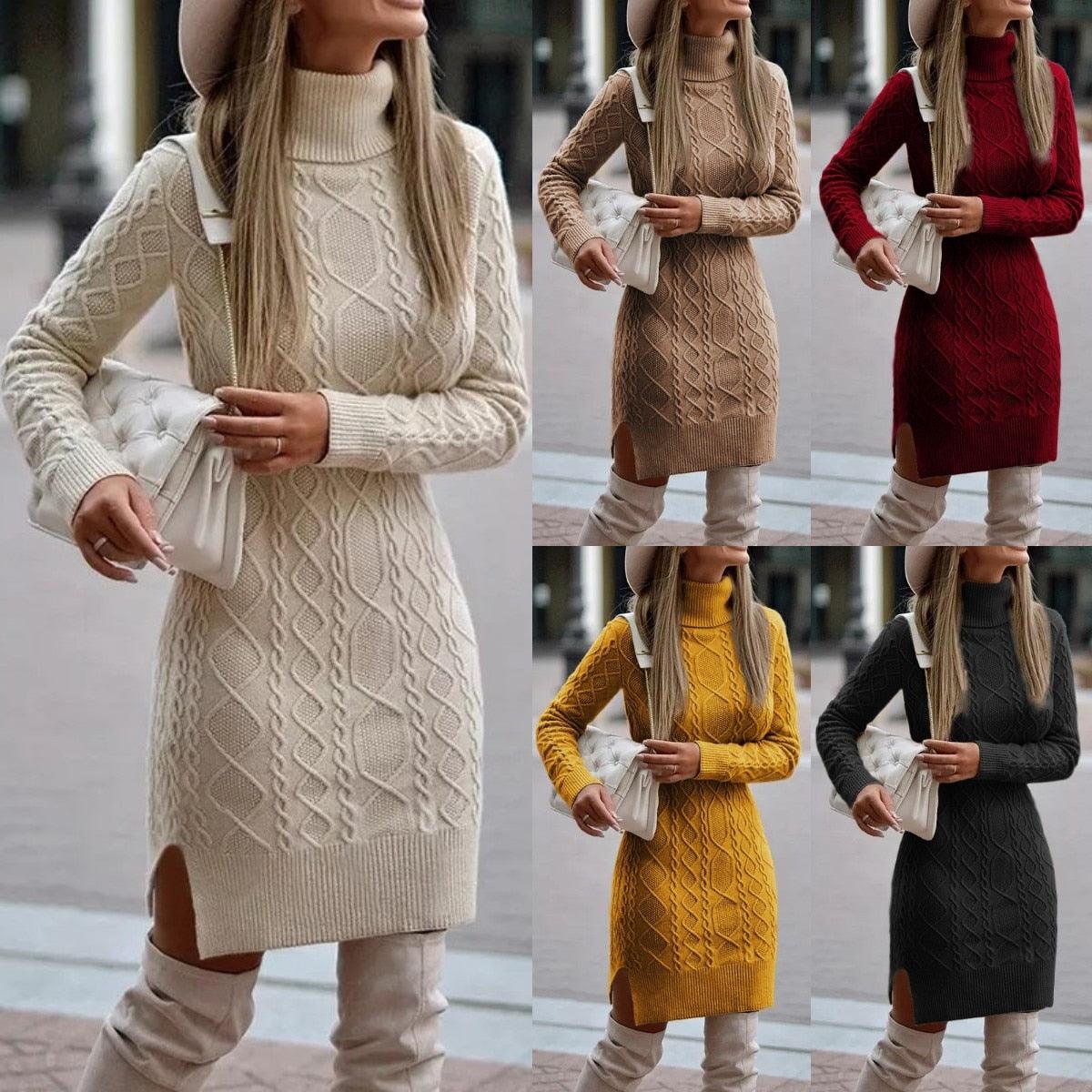 Damen Strickkleid Rollkragen, beige, rot, gelb, schwarz, Herbstmode, elegant, warm.
