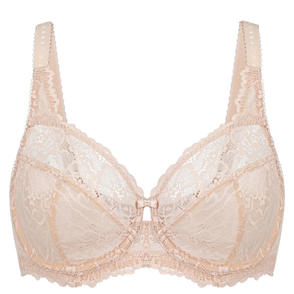 Spitzen-BH in Beige, Damenunterwäsche, verstellbare Träger, elegantes Design, Komfort.