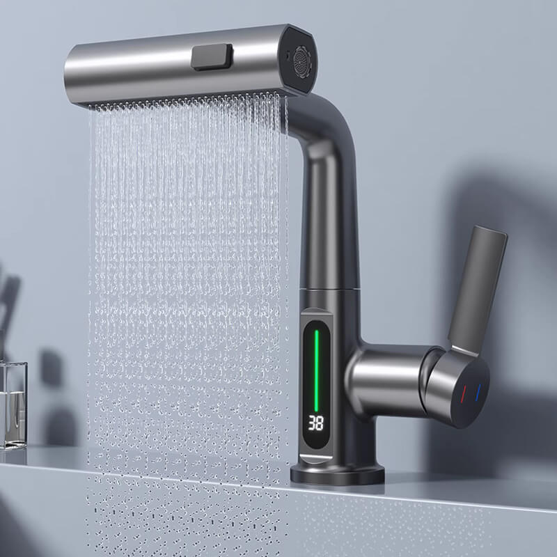 Moderne Wasserhahn mit LED-Display, Edelstahl, Wasserfallstrahl, Badarmatur, grau