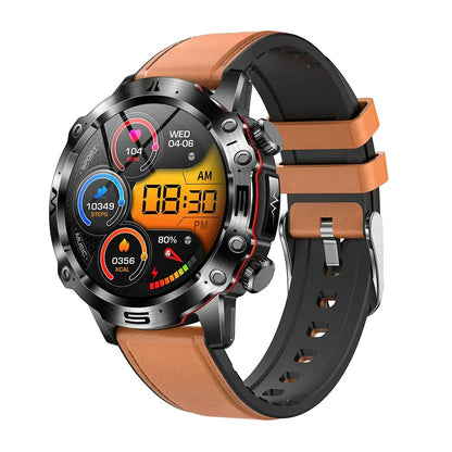 Smartwatch mit Lederarmband, Edelstahlgehäuse, Fitness-Tracker, Herzfrequenzmesser, schwarz-braun.