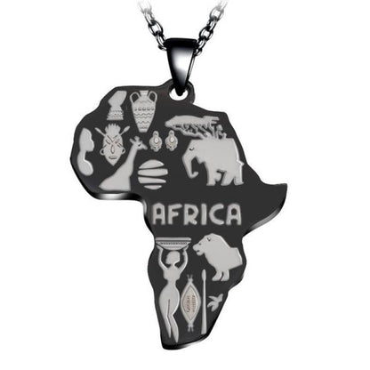 Schwarzer Afrika-Anhänger mit silbernen Symbolen, Edelstahl, Kette, Schmuck für Herren und Damen.