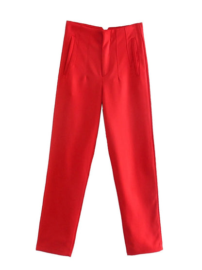 Rote Damenhose, gerade Passform, elegantes Design, ideal für Büro und Freizeit.