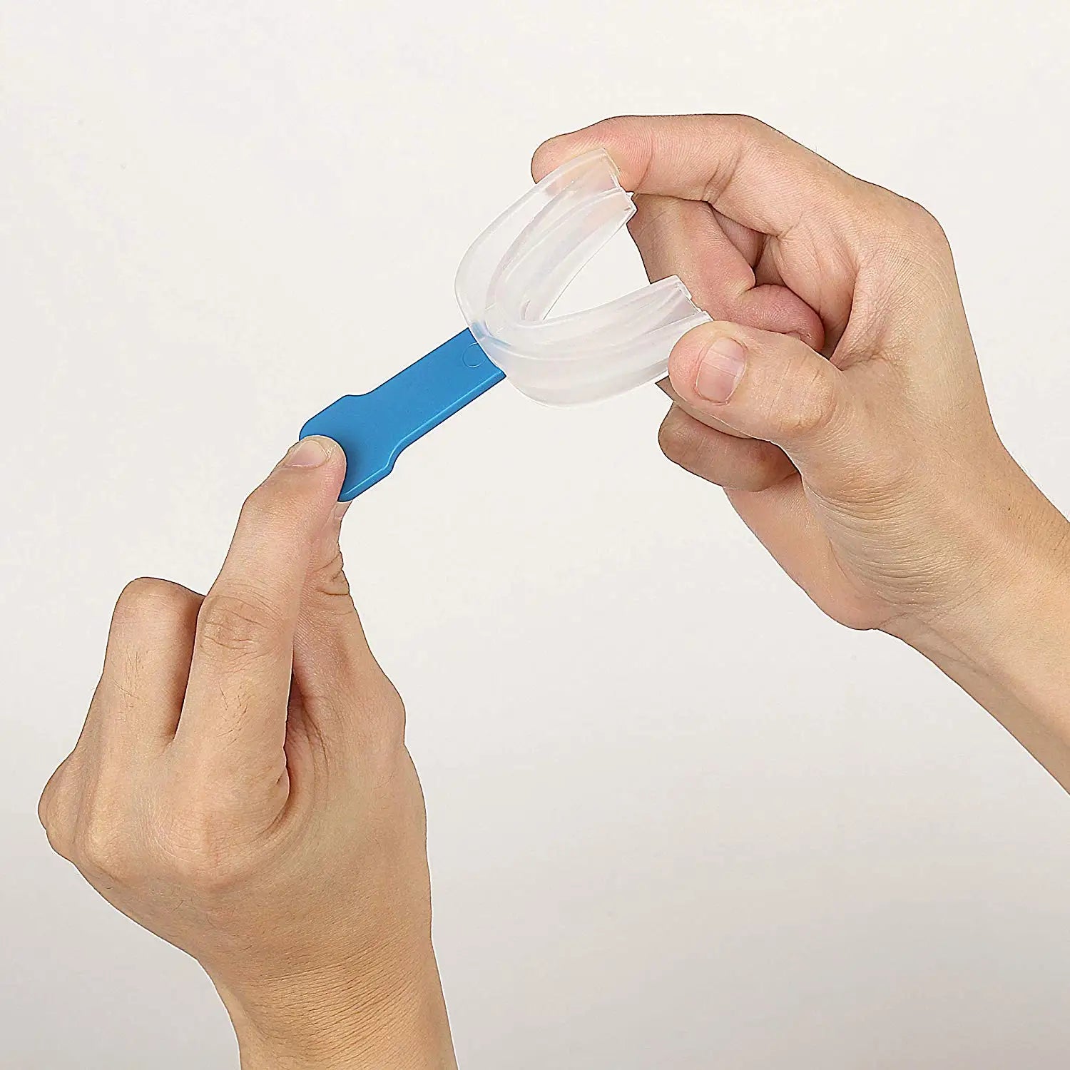 Zahnschiene mit blauem Griff, transparent, für Mundschutz, Zahnschutz, Sport, Boxen.