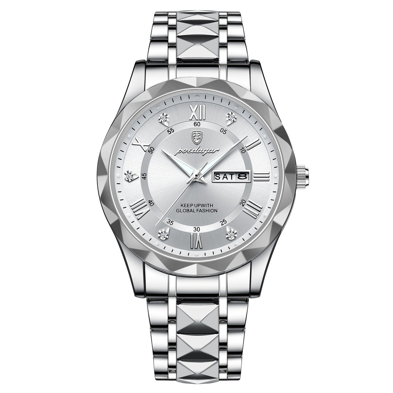 Silberne Herrenarmbanduhr mit Datumsanzeige, Edelstahlarmband, römische Ziffern, elegant.