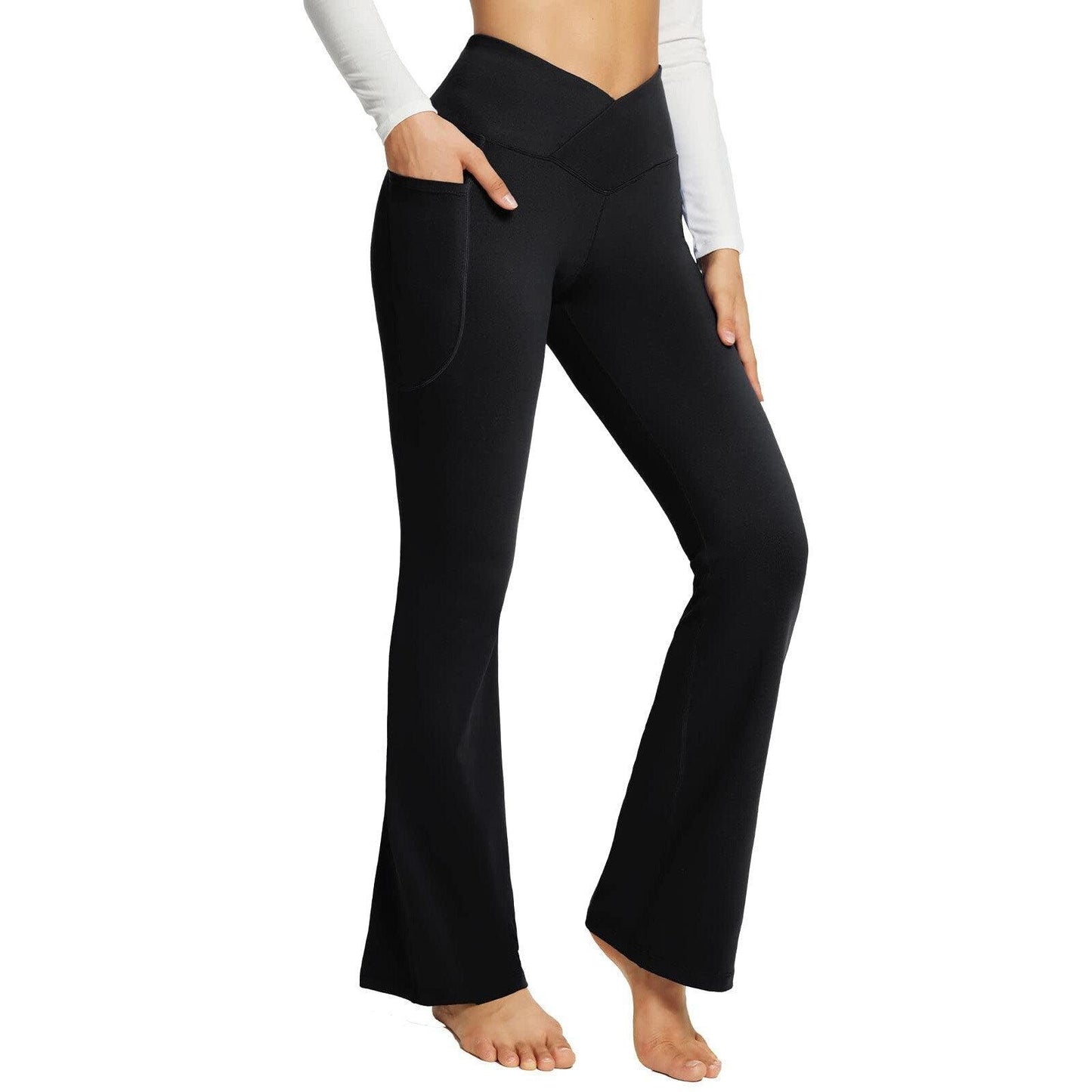 Schwarze Damen-Yoga-Hose mit weitem Bein, hoher Taille und Taschen, ideal für Fitness und Freizeit.